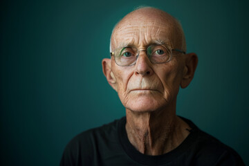 Obraz premium An older man wearing glasses and a black shirt looks at the camera