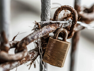 Padlock Securing Rusty Chain and Barbed Wire, security, rusty chain, - obrazy, fototapety, plakaty