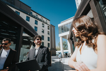 Diverse business people with focused expressions walking in a city, engaging in work discussions and calls.