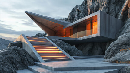 Contemporary house surrounded by rocky mountains.