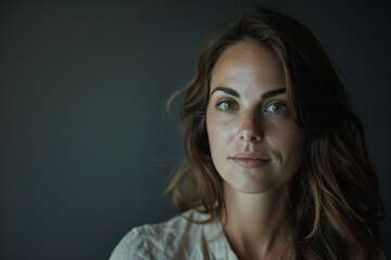 A close up of a woman 's face with a dark background