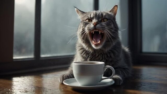 an angry tabby cat with an open mouth with a white mug of coffee against the background of a window with raindrops. Concept of aggression, bad mood, rainy day