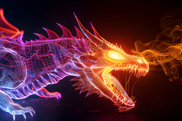 Neon wireframe dragon breathing fire in a terrifying mystical realm isolated on black background. 