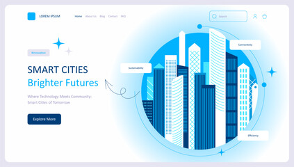 Smart city concept. Landing page website design. Urban landscape with infographic elements. Presentation slide template. Modern vector illustration concepts for website and mobile website development - 779122398