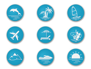 vacation blue round icon set. vector color illustrations for travel and tourism design