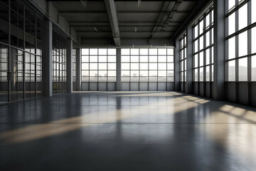 Interior of empty warehouse with large windows. 3D Rendering