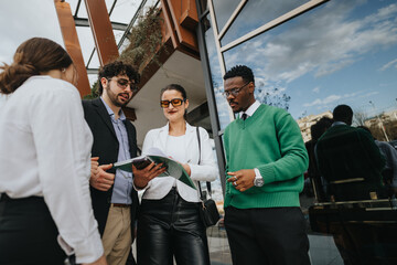 A collaborative startup team engages in a business discussion outside an office building, reflecting teamwork and strategy.