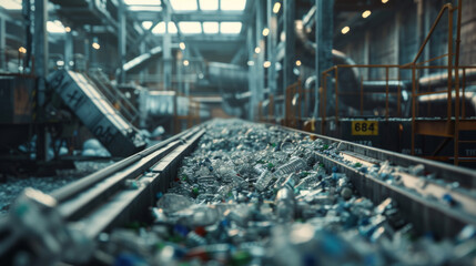 Fototapeta premium A modern plastic recycling plant with sorting machines and shredders, momentarily paused but ready to recycle plastic waste into reusable materials