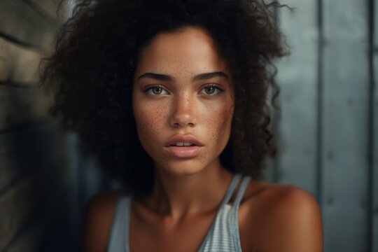 a realistic photo of a close-up of a biracial model with freckles wearing natural make-up