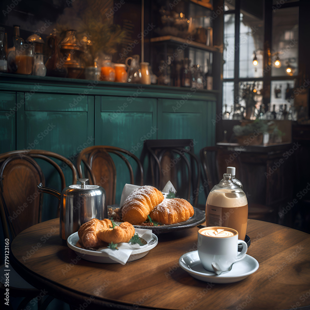 Canvas Prints coffee with croissants on a table in a cafe