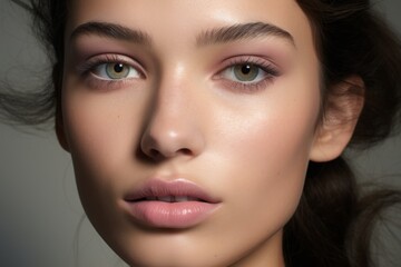 Obraz premium a realistic photo of a close-up of a model with skin imperfections smokey pink eyes, matching blush and bronzer