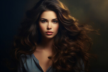 Fototapeta premium Elegant Woman with Flowing Long Hair: Glamorous Beauty Portrait with Intense Gaze and Sophisticated Style on Dark Background