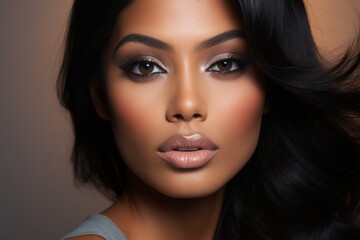 a realistic photo of a close-up of an indian model with smokey gray eyes, matching blush and bronzer