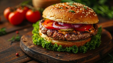 Cut-open pork burger, fresh toppings glimpse, side angle, morning light, inviting atmosphere