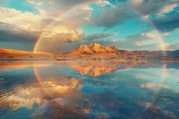 Desert oasis, rainbow mirroring in water near bitcoin pot, golden hour, wide lens - obrazy, fototapety, plakaty