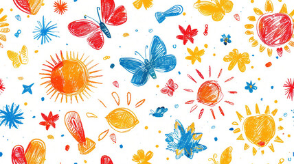 Colorful children hand drawn vector pattern with child, butterfly and sun symbols,generative ai - obrazy, fototapety, plakaty