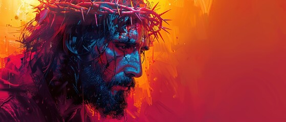 Jesus Christ with crown of thorns and blood on his face - obrazy, fototapety, plakaty