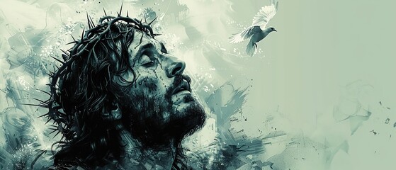 Jesus Christ with crown of thorns and dove - obrazy, fototapety, plakaty