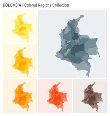 Colombia map collection. Country shape with colored regions. Blue Grey, Yellow, Amber, Orange, Deep Orange, Brown color palettes. Border of Colombia with provinces for your infographic.
