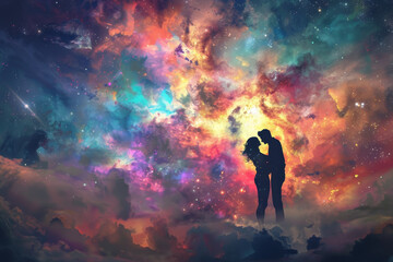 A couple is kissing in the sky, surrounded by colorful clouds - obrazy, fototapety, plakaty