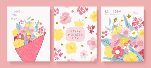 Poster Happy mothers day cards with beautiful watercolor flowers. Grainy texture,hand drawn plants. Floral greeting cards. Vector illustration © Liliya