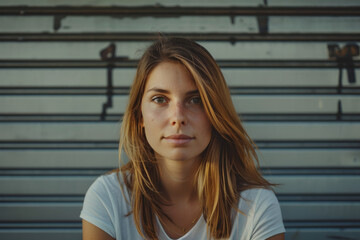Fototapeta premium A woman in a white shirt is looking at the camera