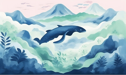 Blue whale and mountains. Watercolor art background