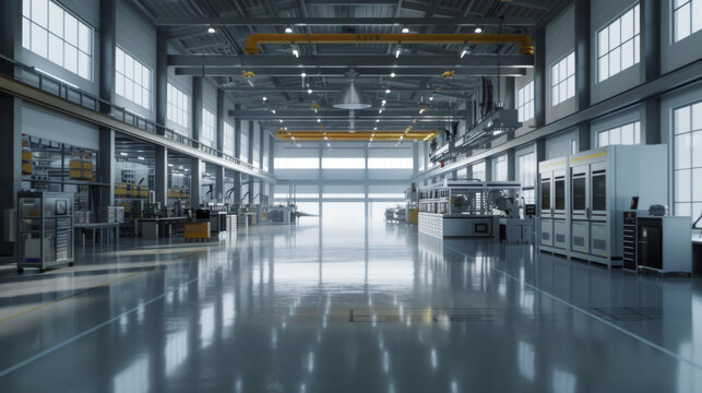 A busy automotive manufacturing research and development center with advanced manufacturing equipment and testing systems, currently empty but ready to innovate in the field of automotive engineering