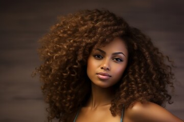 A young African American woman is captured against a warm neutral background, emphasizing her striking voluminous curly hairstyle.