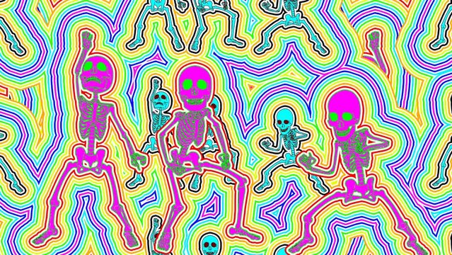 Seamless animation psychedelic dancing skeleton printed drawn style cartoon. Hypnotic halloween background with rainbow marker stroke effect 