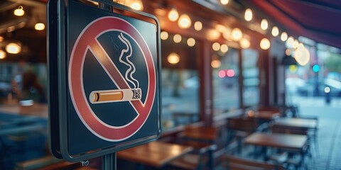 No Smoking sign against the background of a street landscape.
Concept: health and safety, public campaigns against smoke, restrictions in public places, promotion of smoke-free zones and anti-tobacco 