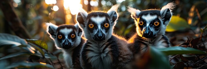 Curious lemur family in madagascar rainforest, expressive faces, striped tails, epic wide angle shot - obrazy, fototapety, plakaty