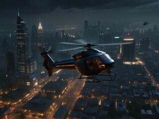 A sweeping aerial perspective captures a sleek helicopter ascending from the depths of a nocturnal metropolis, reminiscent of the atmospheric styles In the backdrop, a total solar eclipse