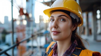 A woman dressed in safety gear including a hard hat