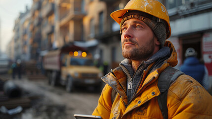 a building contractor with a tablet in his hands, in the background workers on a building site and a pick-up truck,generative ai