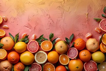 Halved citrus fruits on a textured coral backdrop, offering a visually pleasing contrast and plenty...