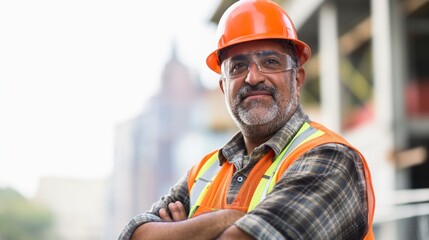 A Hispanic man in a hard hat and safety vest at a construction site