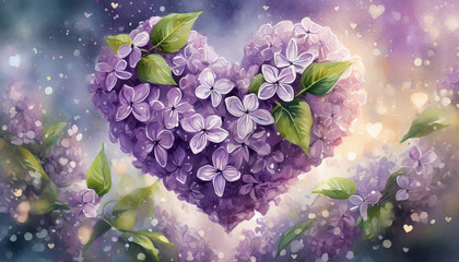illustration d'un coeur composé de fleur de couleur lilas sur un fond mauve et vert avec des rond en effet bokeh
