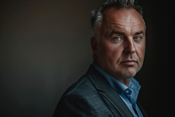 Fototapeta premium A man in a suit and blue shirt looks at the camera