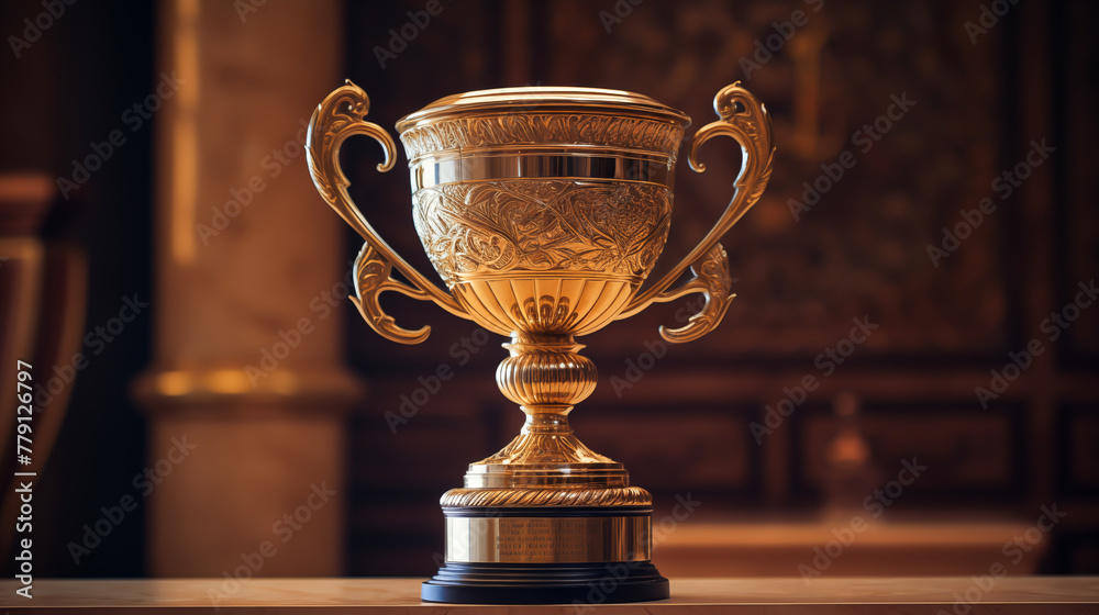 Sticker gold championship trophy as a background for the victorious individual