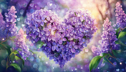 illustration d'un coeur composé de fleur de couleur lilas sur un fond mauve et vert avec des rond en effet bokeh
