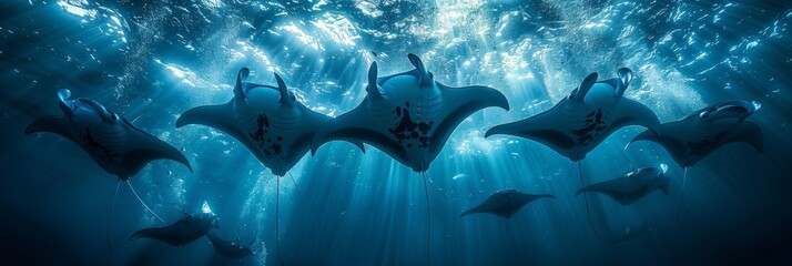 Elegant manta rays in detailed photorealistic low angle shot capturing graceful underwater movements - obrazy, fototapety, plakaty