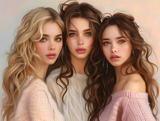 Digital artwork of three young women with detailed facial features and expressions, showcasing different hairstyles and eye colors