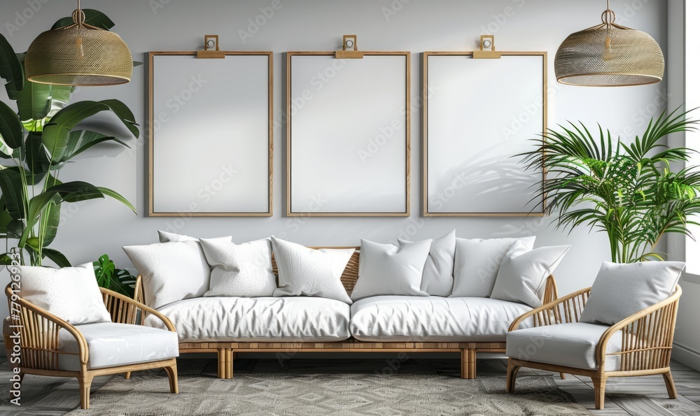 Wall mural mock up poster, interior composition, sofa, wood chair, flower and white poster,