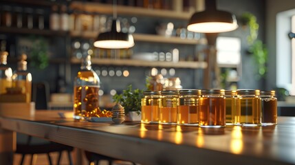Fototapeta na wymiar honey tasting different kinds of honey in jars