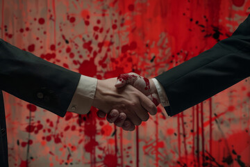 Bloody deal in global politics. Two men in business suits shake hands with red blood on hands. Weapon trading agreements in business