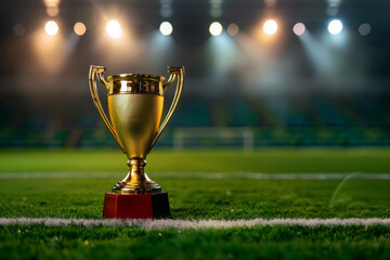 Golden trophy cup on field under stadium lights, Celebrating soccer victory