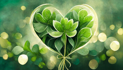 illustration de plusieurs fleurs  dans un coeur de couleur verte en style aquarelle sur un fond vert avec des ronds en effet bokeh