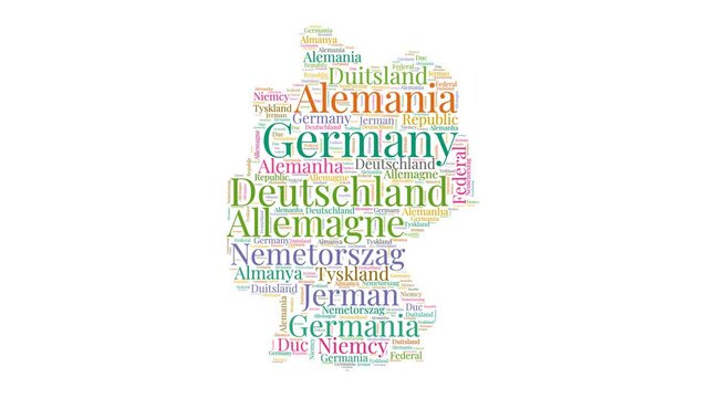 Germany shape word cloud animation. Country boundary filled with country names animated. Germany presentation video.