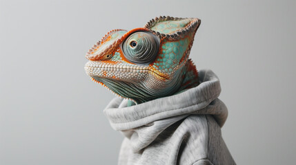 Chameleon's Gaze: A Portrait of Reptilian Grace Wrapped in Grey - obrazy, fototapety, plakaty